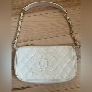 Authentic Chanel Classic Caviar Leather Pouchet White